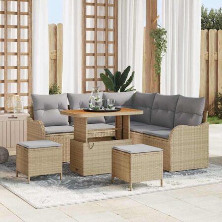 Havesofa sæt med puder - 8 dele i beige polyrattan, justerbart bord
