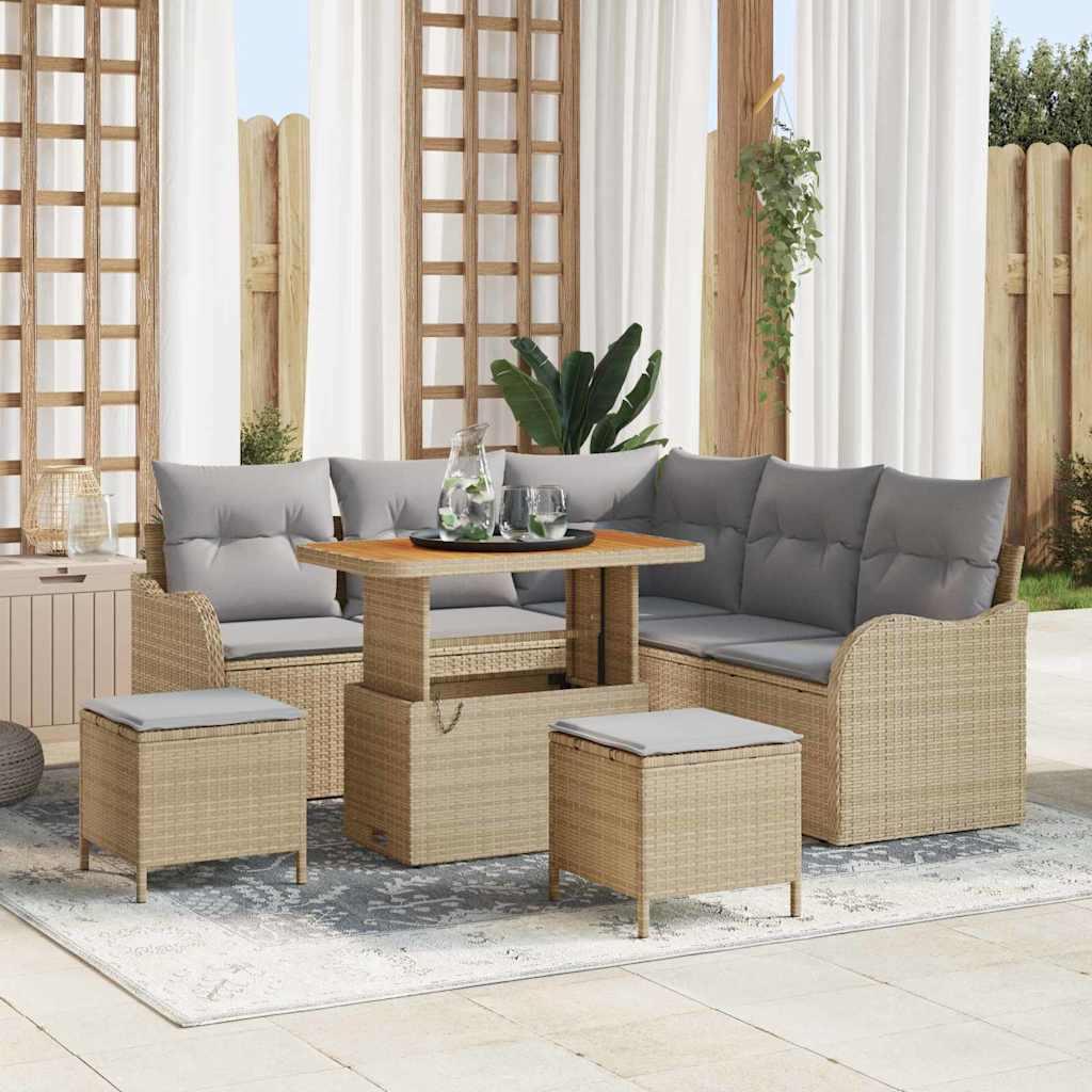 Havesofa sæt med puder - 8 dele i beige polyrattan, justerbart bord Havesofa sæt med puder - 8 dele i beige polyrattan, justerbart bord