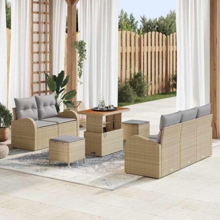 Havesofa sæt med puder - 8 dele i beige polyrattan, modulopbygget med højdejusterbart bord