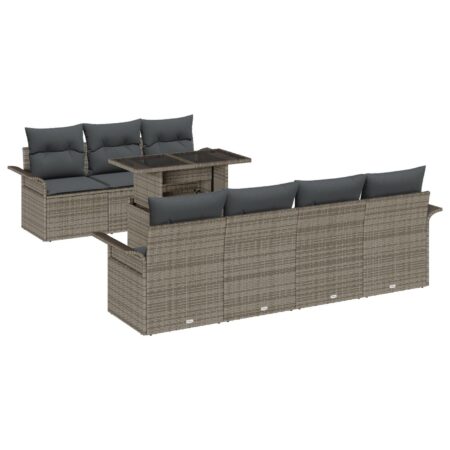 Havesofa sæt med puder - 8 dele i grå polyrattan med justerbart bord