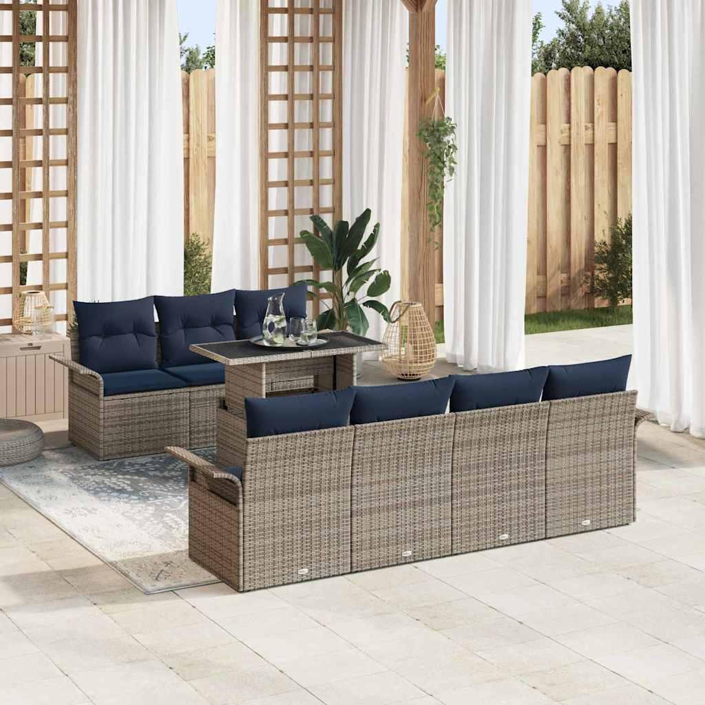 Havesofa sæt med puder - 8 dele i grå polyrattan, modulært med højdejusterbart bord Havesofa sæt med puder - 8 dele i grå polyrattan, modulært med højdejusterbart bord