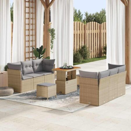 Havesofa sæt med puder, 9 dele - beige polyrattan, modulopbygget med højdejusterbart bord