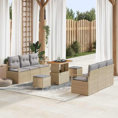 Havesofa sæt med puder - 9 dele i beige polyrattan, modulært med højdejusterbart bord
