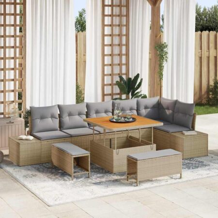 Havesofa sæt med puder - 9 dele i beige polyrattan, modulopbygget med justerbart bord