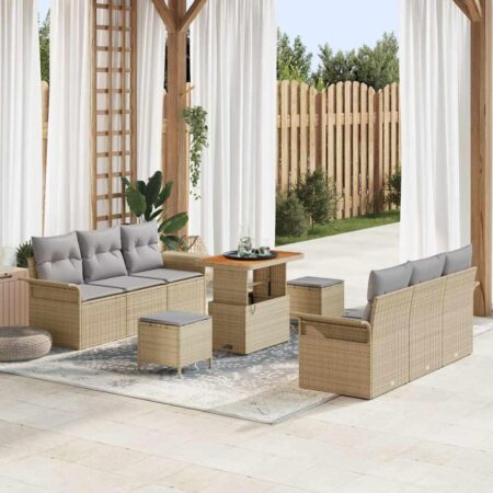 Havesofa sæt med puder - 9 dele i beige polyrattan, modulopstilling og højdejusterbart bord