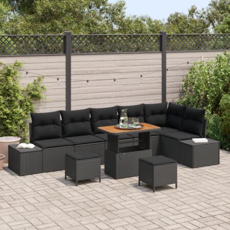 Havesofa sæt med puder - 9 dele i sort polyrattan, modulært med højdejusterbart bord