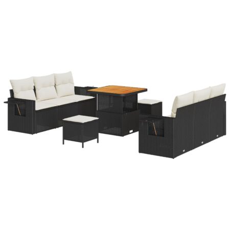 Havesofa sæt med puder - 9 dele i sort polyrattan, modulopbygget med højdejusterbart bord