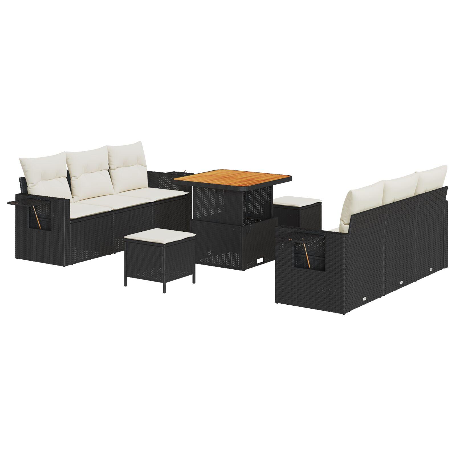 Havesofa sæt med puder - 9 dele i sort polyrattan, modulopbygget med højdejusterbart bord Havesofa sæt med puder - 9 dele i sort polyrattan, modulopbygget med højdejusterbart bord