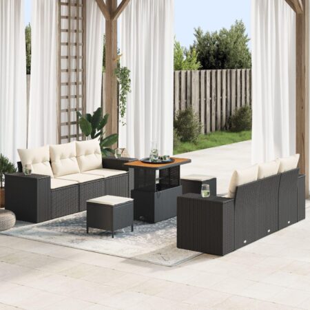 Havesofa-sæt med puder 9 dele - sort polyrattan, justerbart bord