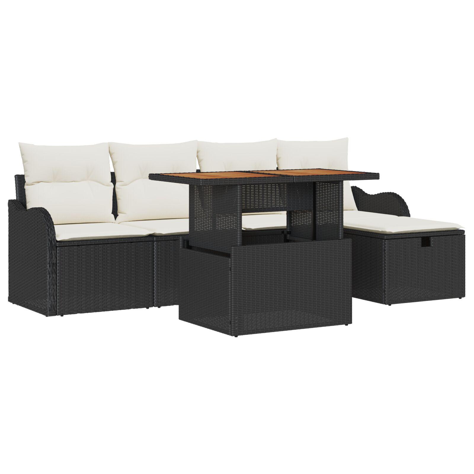 Havesofa-sæt med puder og opbevaring, 6 dele - sort polyrattan, højdejusterbart bord Havesofa-sæt med puder og opbevaring, 6 dele - sort polyrattan, højdejusterbart bord