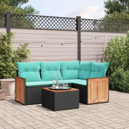 Havesofasæt i 5 dele med hynder - sort polyrattan, bord m. akacietræ