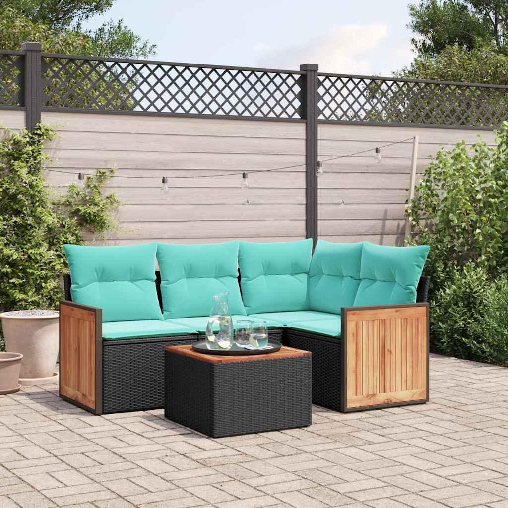 Havesofasæt i 5 dele med hynder - sort polyrattan, bord m. akacietræ Havesofasæt i 5 dele med hynder - sort polyrattan, bord m. akacietræ