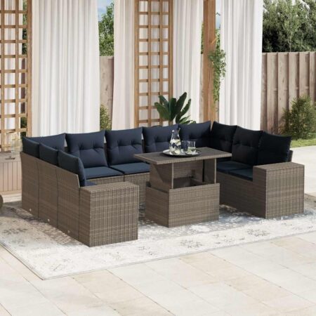 Havesofasæt i grå polyrattan - 10 dele med marineblå hynder og hæve/sænke-bord