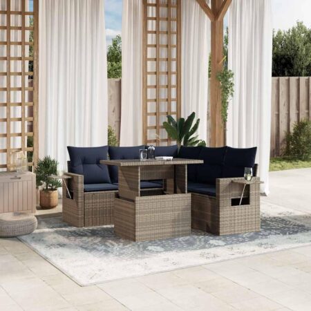Havesofasæt i grå polyrattan - 6 dele med marineblå hynder og hæve/sænke-bord