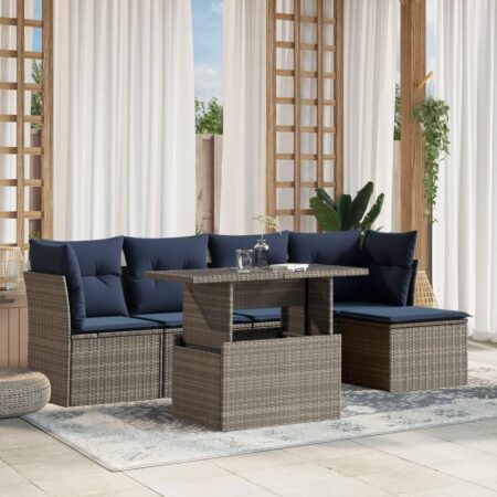 Havesofasæt i grå polyrattan - 6 dele med marineblå hynder og løftbart bord