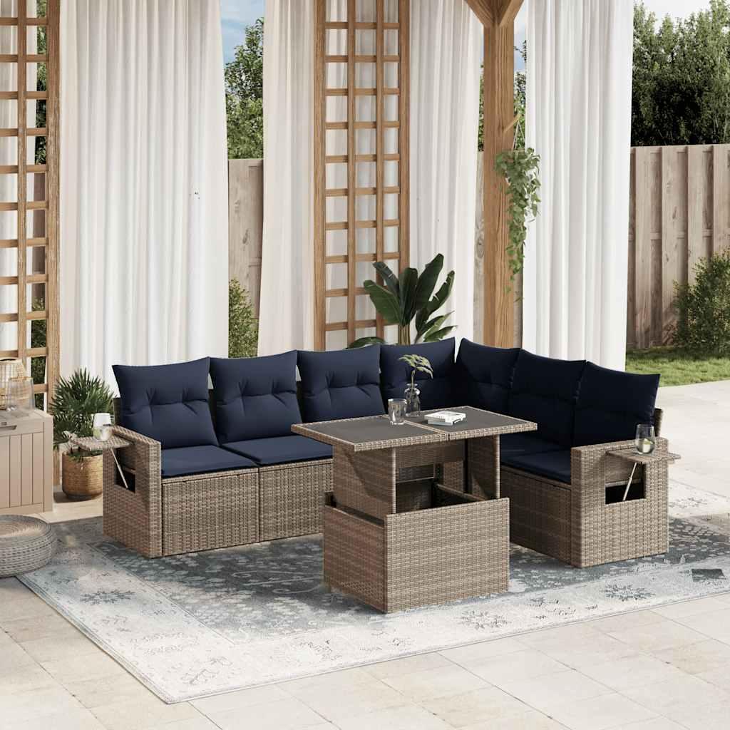 Havesofasæt i grå polyrattan - 7 dele med marineblå hynder og løftbart bord Havesofasæt i grå polyrattan - 7 dele med marineblå hynder og løftbart bord