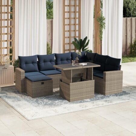 Havesofasæt i grå polyrattan med 8 marineblå hynder og hæve/sænke-bord