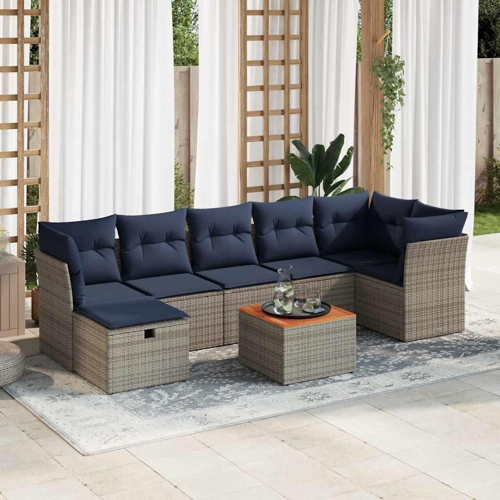 Havesofasæt i grå polyrattan med bord - inkl. 17 marineblå hynder Havesofasæt i grå polyrattan med bord - inkl. 17 marineblå hynder