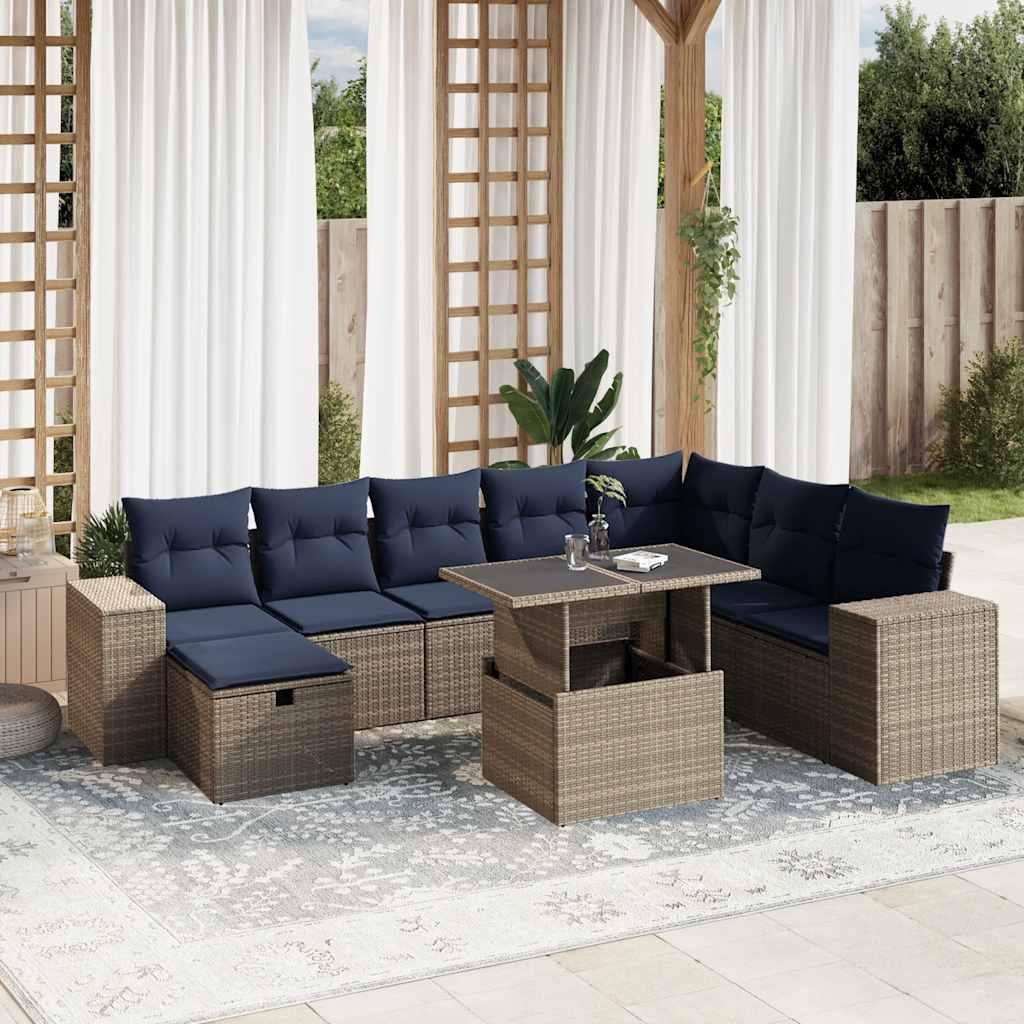 Havesofasæt i grå polyrattan med hæve/sænke-bord - 9 dele, marineblå hynder Havesofasæt i grå polyrattan med hæve/sænke-bord - 9 dele, marineblå hynder