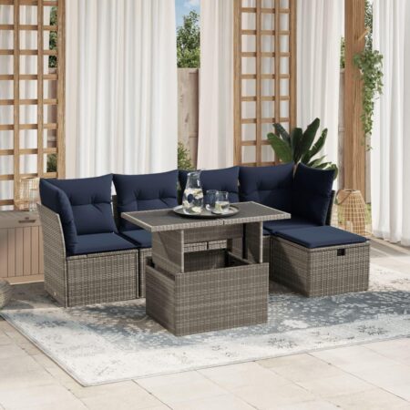 Havesofasæt i grå polyrattan med hynder - 6 dele, løftbart bord