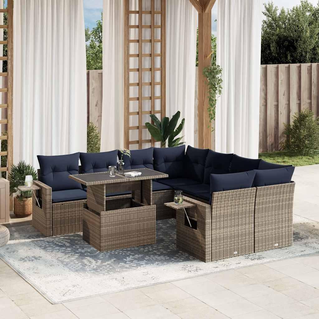 Havesofasæt i grå polyrattan med løftbart bord - 9 dele inkl. marineblå hynder Havesofasæt i grå polyrattan med løftbart bord - 9 dele inkl. marineblå hynder
