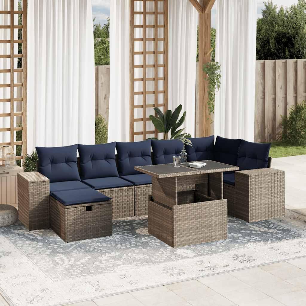 Havesofasæt i grå polyrattan med løftbart bord og 8 marineblå hynder Havesofasæt i grå polyrattan med løftbart bord og 8 marineblå hynder
