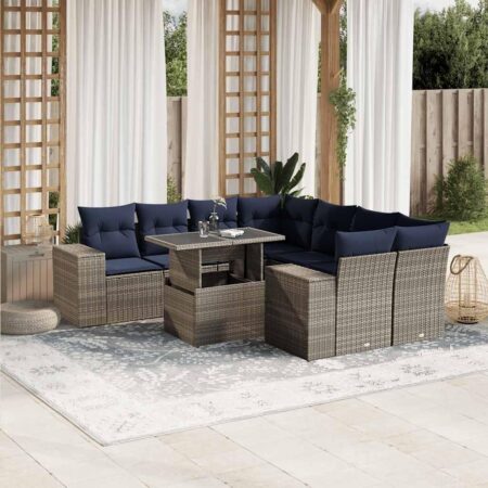 Havesofasæt i grå polyrattan med marineblå hynder - 9 dele og løftbart bord