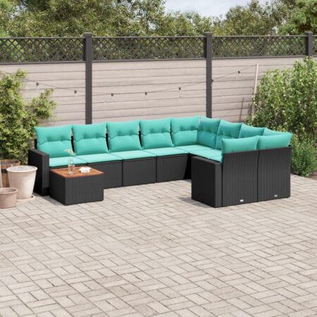Havesofasæt i polyrattan - 10 dele med hynder og bord, sort/blå