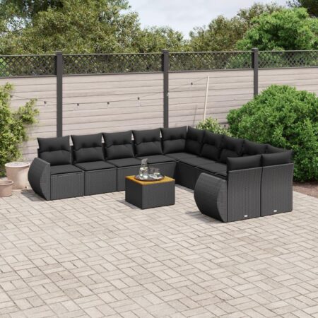 Havesofasæt i polyrattan - 11 dele med hynder og bord, sort