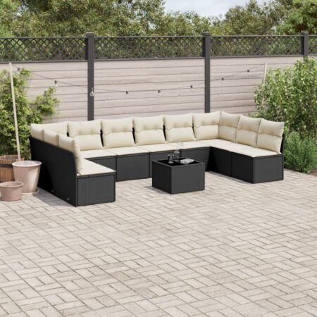 Havesofasæt i polyrattan - 11 dele med hynder og bord, sort