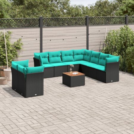 Havesofasæt i polyrattan - 11 dele med hynder og bord, sort/blå