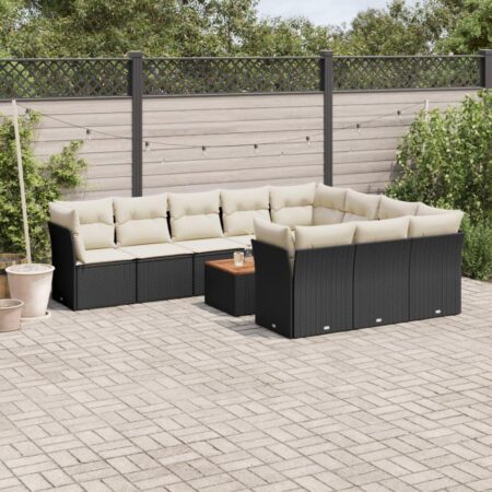 Havesofasæt i polyrattan - 11 dele med hynder og bord, sort/creme