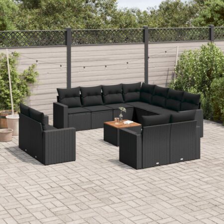 Havesofasæt i polyrattan - 12 dele med hynder og bord, sort