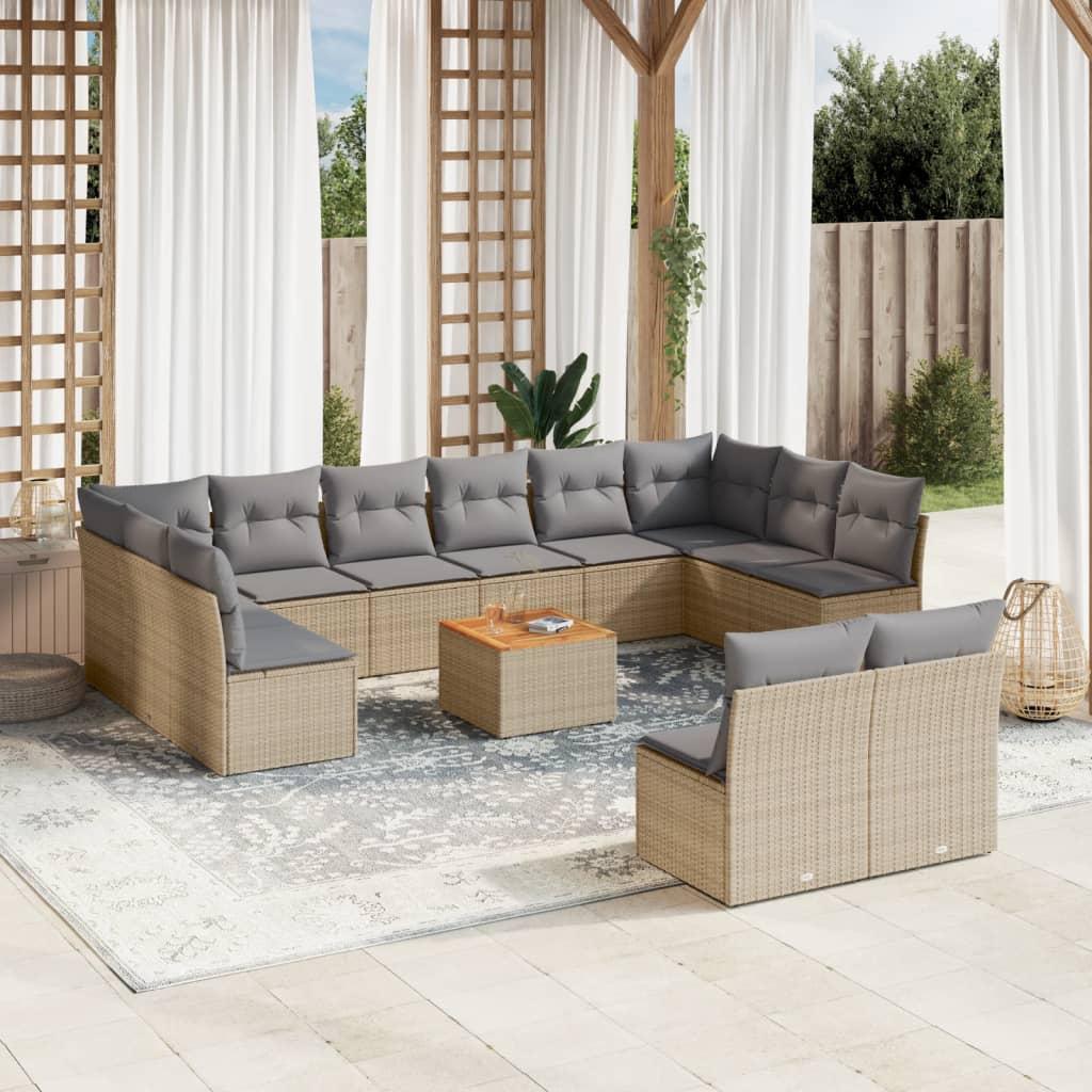 Havesofasæt i polyrattan - 13 dele med hynder og bord, beige Havesofasæt i polyrattan - 13 dele med hynder og bord, beige