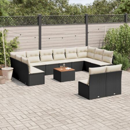 Havesofasæt i polyrattan - 13 dele med hynder og bord, sort