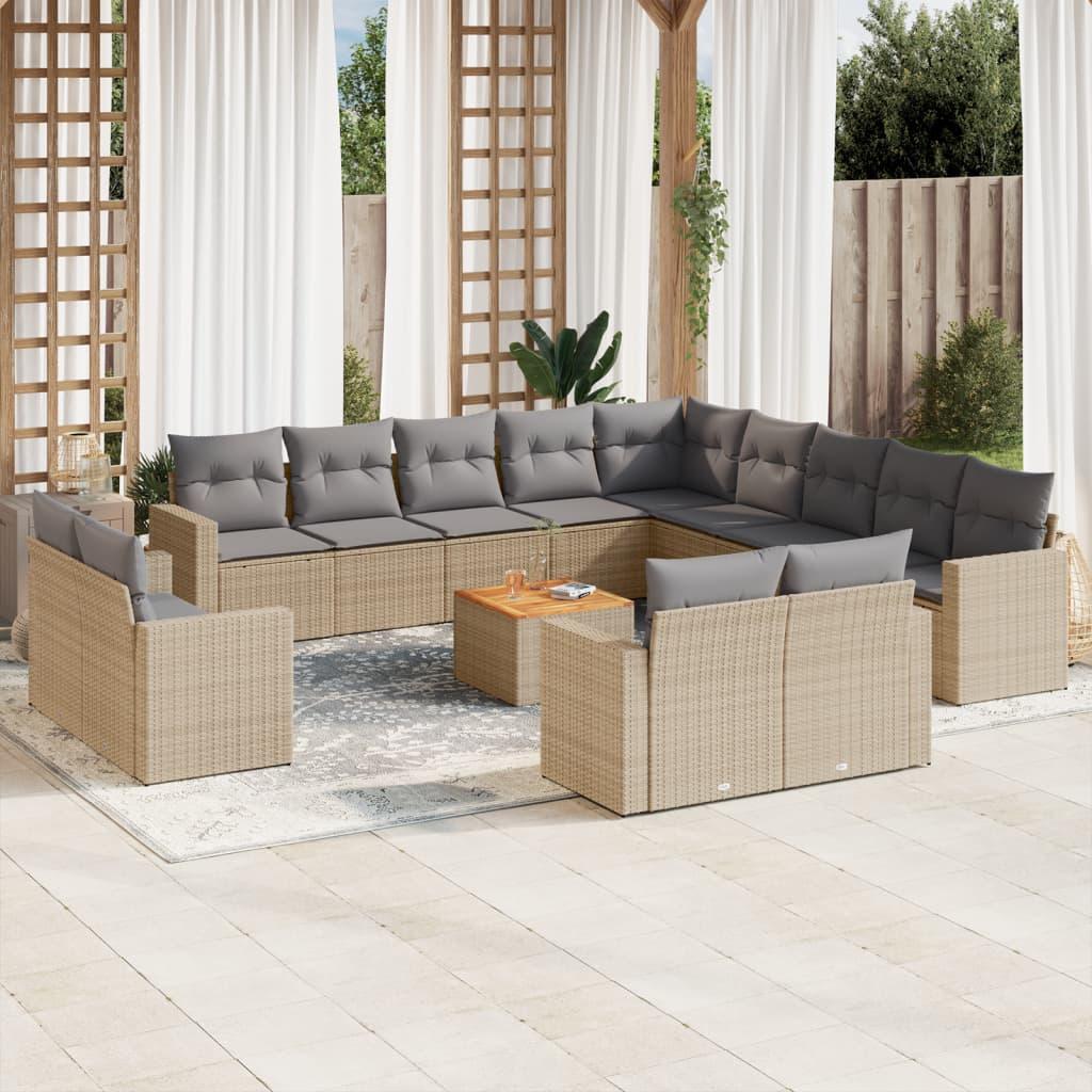 Havesofasæt i polyrattan, 14 dele med hynder og bord - beige Havesofasæt i polyrattan, 14 dele med hynder og bord - beige