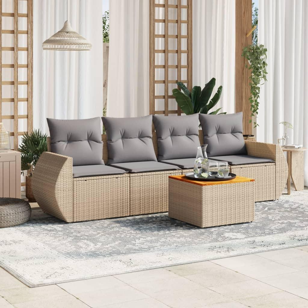 Havesofasæt i polyrattan - 5 dele med hynder og bord, beige Havesofasæt i polyrattan - 5 dele med hynder og bord, beige