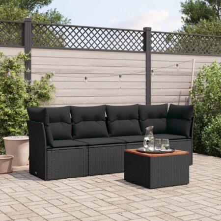 Havesofasæt i polyrattan - 5 dele med hynder og bord, sort