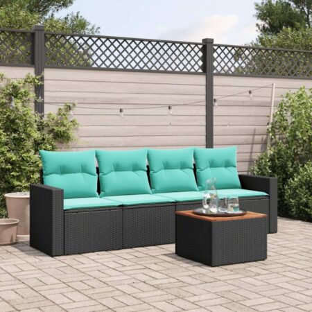 Havesofasæt i polyrattan - 5 dele med hynder og bord, sort/blå