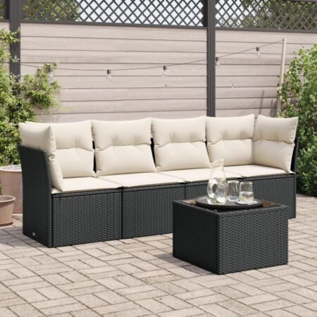 Havesofasæt i polyrattan - 5 dele med hynder og bord, sort/creme
