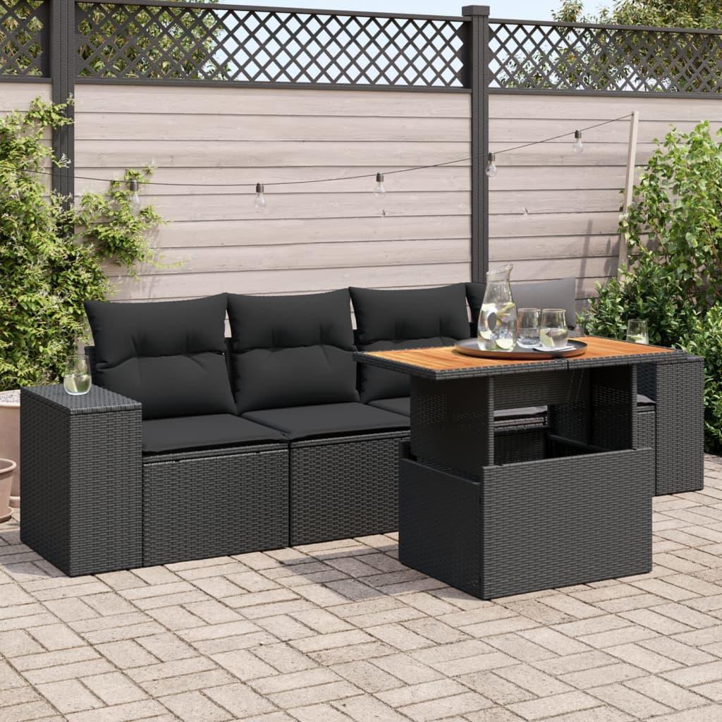Havesofasæt i polyrattan - 5 dele med hynder og hæve/sænke-bord, sort Havesofasæt i polyrattan - 5 dele med hynder og hæve/sænke-bord, sort