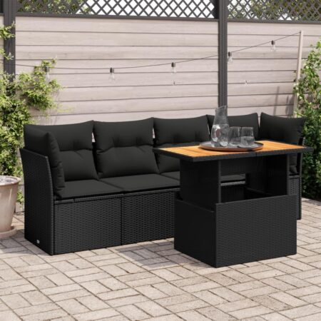 Havesofasæt i polyrattan - 5 dele med hynder og løftbart bord, sort