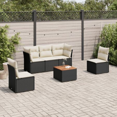 Havesofasæt i polyrattan - 6 dele med hynder og bord, sort