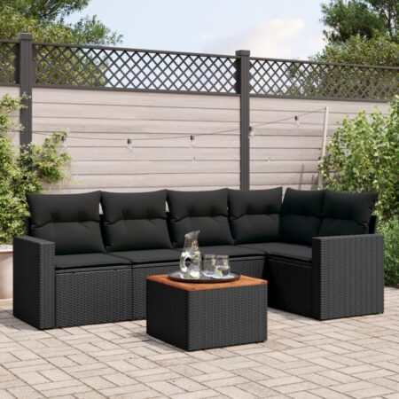 Havesofasæt i polyrattan - 6 dele med hynder og bord, sort
