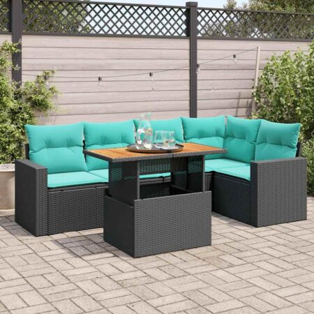 Havesofasæt i polyrattan - 6 dele med opbevaring og justerbart bord, sort/blå