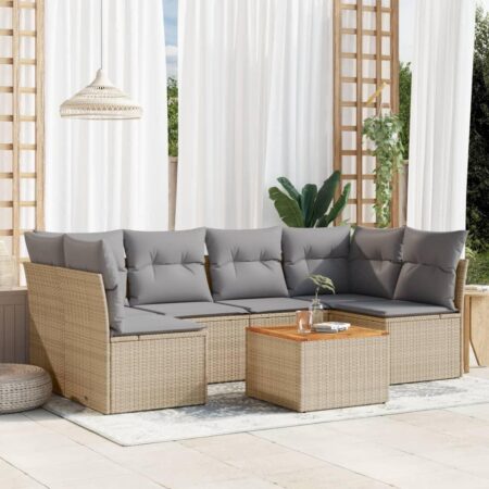 Havesofasæt i polyrattan - 7 dele med hynder og bord, beige/lysegrå