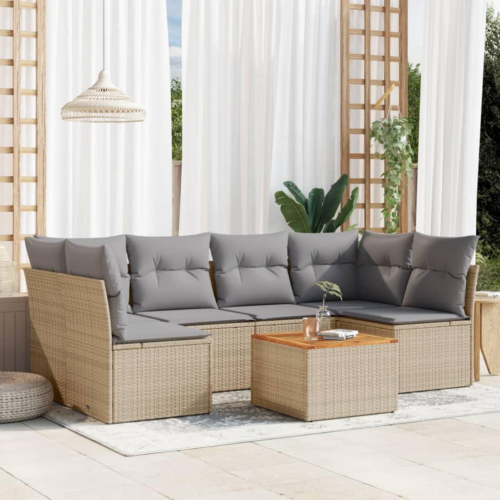 Havesofasæt i polyrattan - 7 dele med hynder og bord, beige/lysegrå Havesofasæt i polyrattan - 7 dele med hynder og bord, beige/lysegrå