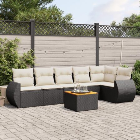 Havesofasæt i polyrattan - 7 dele med hynder og bord, sort