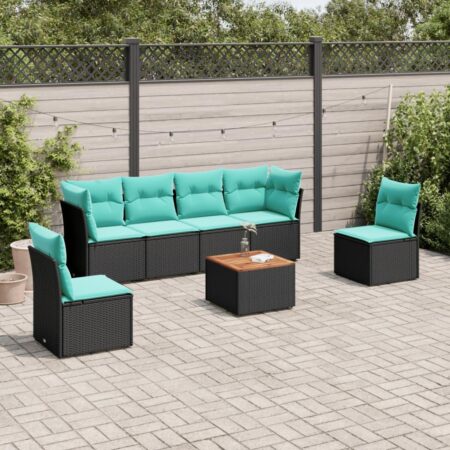Havesofasæt i polyrattan - 7 dele med hynder og bord, sort/blå