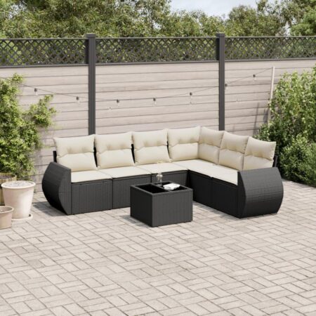 Havesofasæt i polyrattan - 7 dele med hynder og bord, sort/creme
